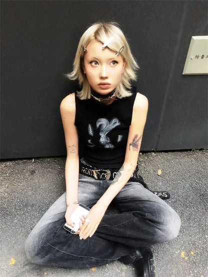 Chic Dollette Hotsweet Tanktop mit Hasenprint Ärmelloses 2000er Jahre Outfit Skinny Gothic Damenbekleidung Koreanische Mode Sommer Weste