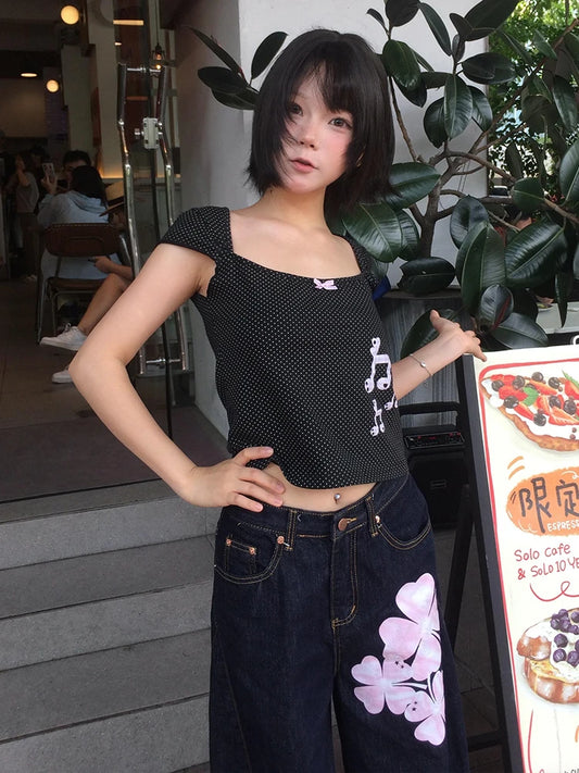 T-shirt Chic Dollette Imprimé Harajuku Manches Courtes Col Carré Crop Top Fairycore Tee Top Streetwear Vintage Grunge Top