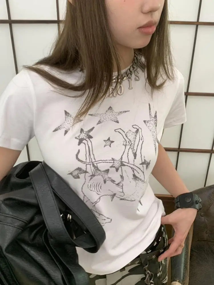 Chic Dollette Amerikanischer Retro-Print Grafik-T-Shirts Damen Kleidung Kurzarm 2000er Kleidung Koreanische Mode T-Shirts Frauen Kleidung