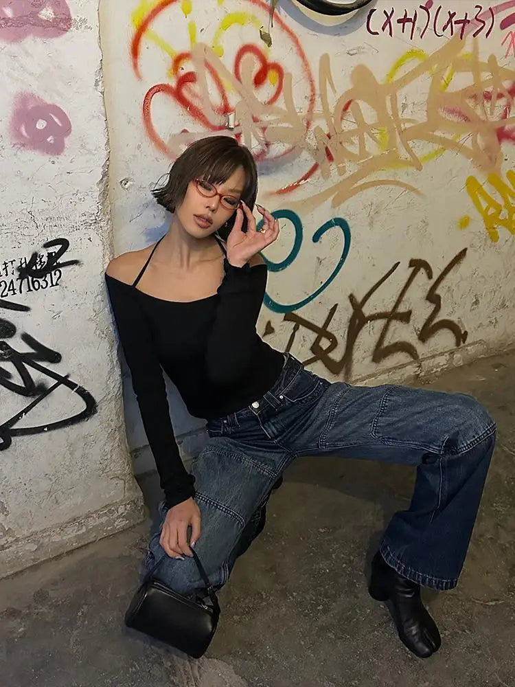 Haut court noir à manches longues de style américain rétro années 90, chic et ajusté, streetwear vintage pour femme