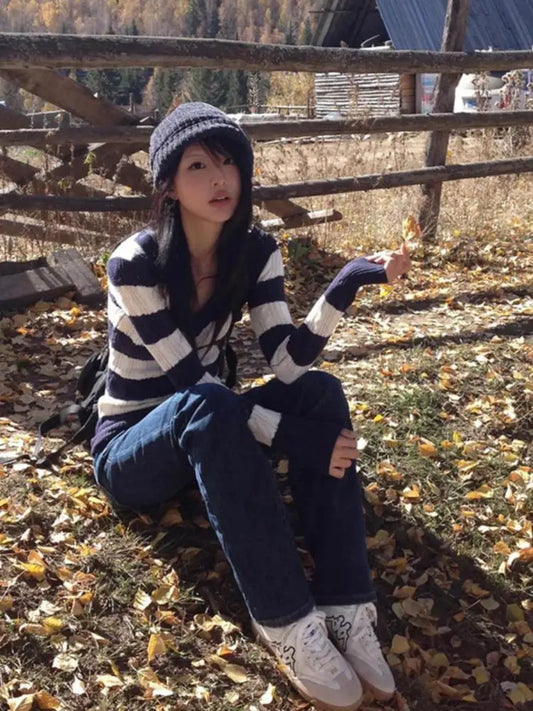 Chic Dollette Pull Japonais Tricot Rayé Col V Pullovers Streetwear Style Coréen Haut Chaud Automne Hiver Mode Années 2000