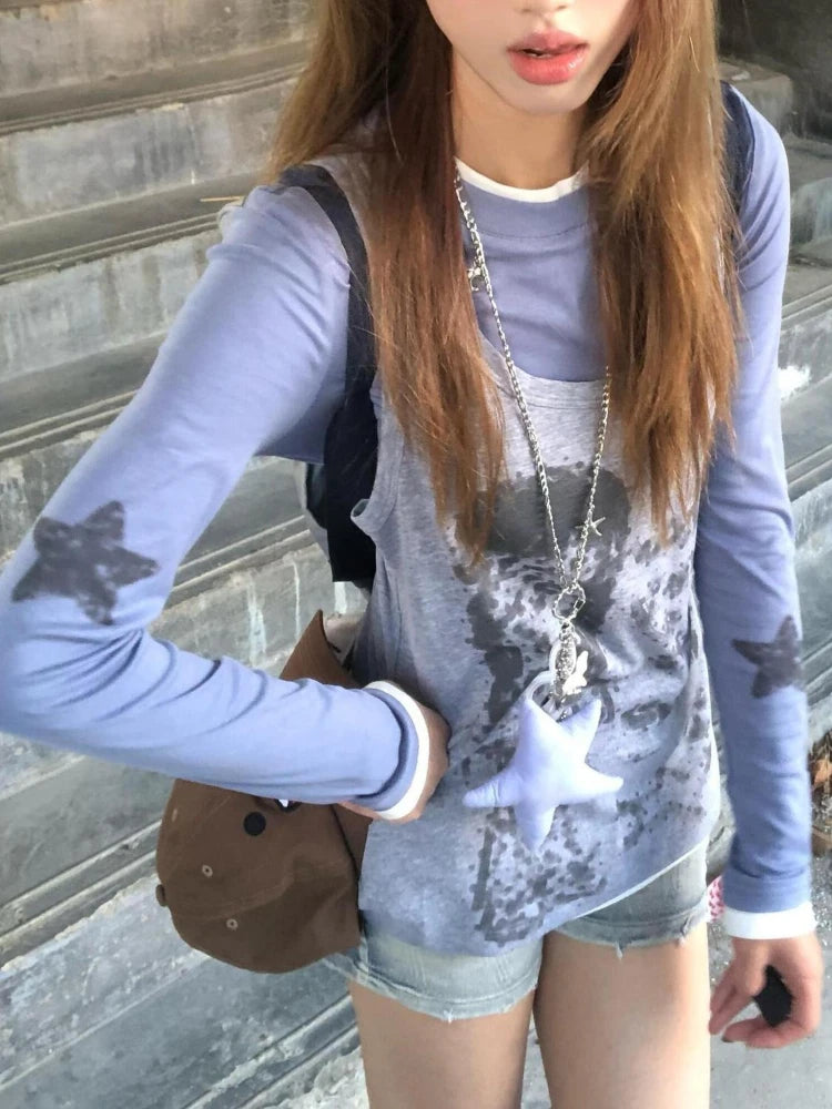 Chic Dollette Two Piece Sets Patchwork Star Printing Long Sleeve T-Shirt + Vintage Cartoon Sleeveless Vest Female Grunge Suit