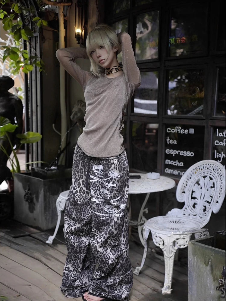 Schickes Dollette Grunge Mesh Top Japanisch 2000er Langarm-T-Shirt Durchsichtig Vintage-Print Grafik-Top Streetwear