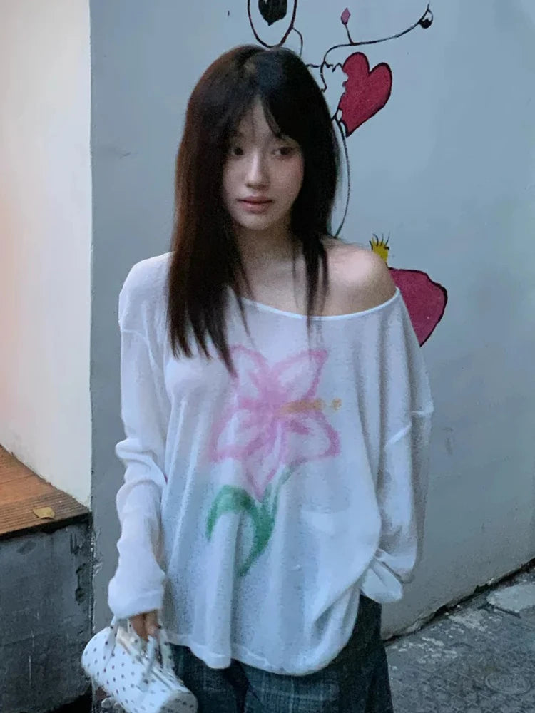 Chic Dollette Japanischer Pullover Langarm Strick T-Shirt E-Girls Print Blumen T-Shirt Top 2000er Vintage Grunge Top