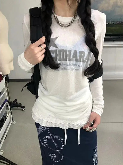 T-shirts à capuche Chic Dollette Hotsweet à imprimé étoiles graphiques Manches Longues Rétro Américain Années 2000 Vêtements T-shirts Haut Femme