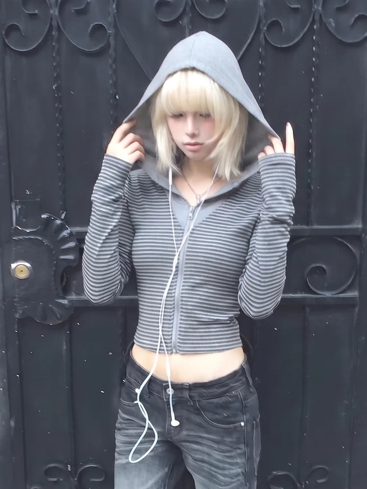 Chic Dollette American Retro Striped Zip-up Hoodie