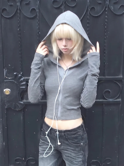 Chic Dollette American Retro Striped Zip-up Hoodie