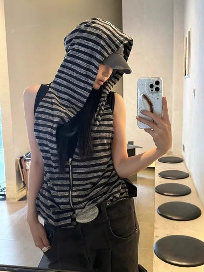 Chic Dollette Hooded Tank Top Harajuku Stripe Patchwork Grunge Camisole Streetwear Casual Women Zipper Vest