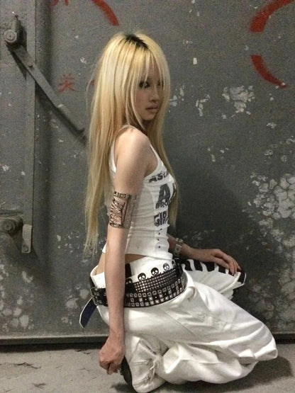 Haut débardeur sans manches rétro gothique Chic Dollette Imprimé Lettre Haut Y2K japonais Caraco Haut T-shirt graphique Rétro Américain