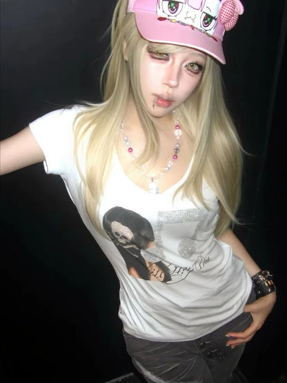 Chic Dollette 2026 Summer T-shirt Streetwear Grunge Skull Rhinestone Tops Y2k Aesthetic Casual Harajuku Loose Tshirt