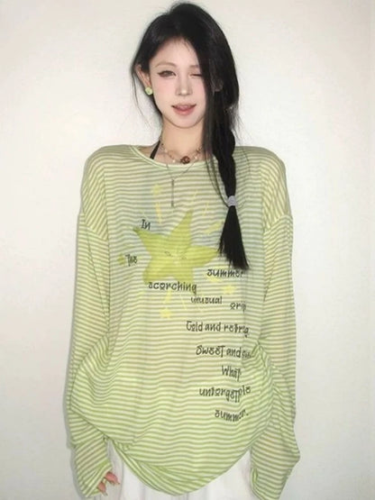 Chic Dollette Sun Protection Casual T-Shirts Women Striped Letter Printing Tshirt 2026 Summer Harajuku Grunge Oversized T-shirt