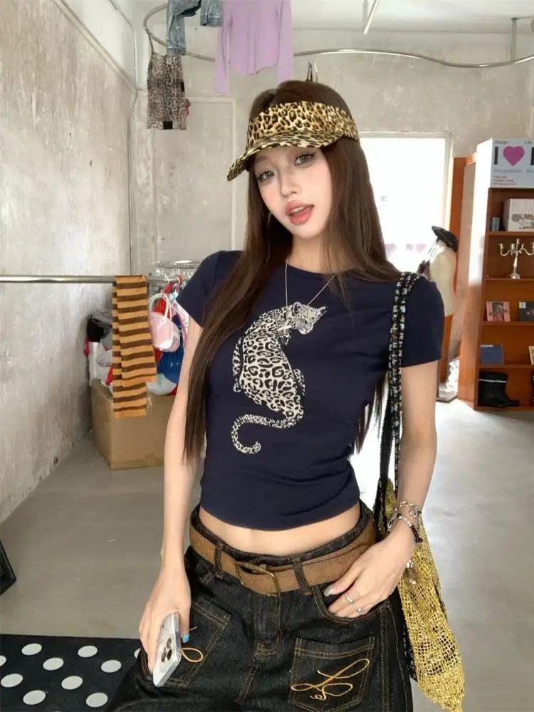 Chic Dollette Sexy Top Grafik-T-Shirts Leopard Print Kurzarm-T-Shirt O-Ausschnitt Skinny Tees 2000er Kleidung Koreanische Modekleidung