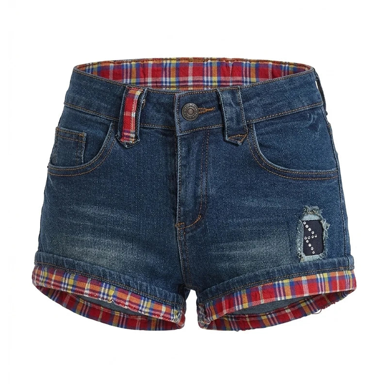 Chic Dollette Checkered Rolled Hem Denim Shorts Women Y2K Gyaru Rhinestone Stretchy Slim Low Waist Jean Shorts Vintage Streetwear