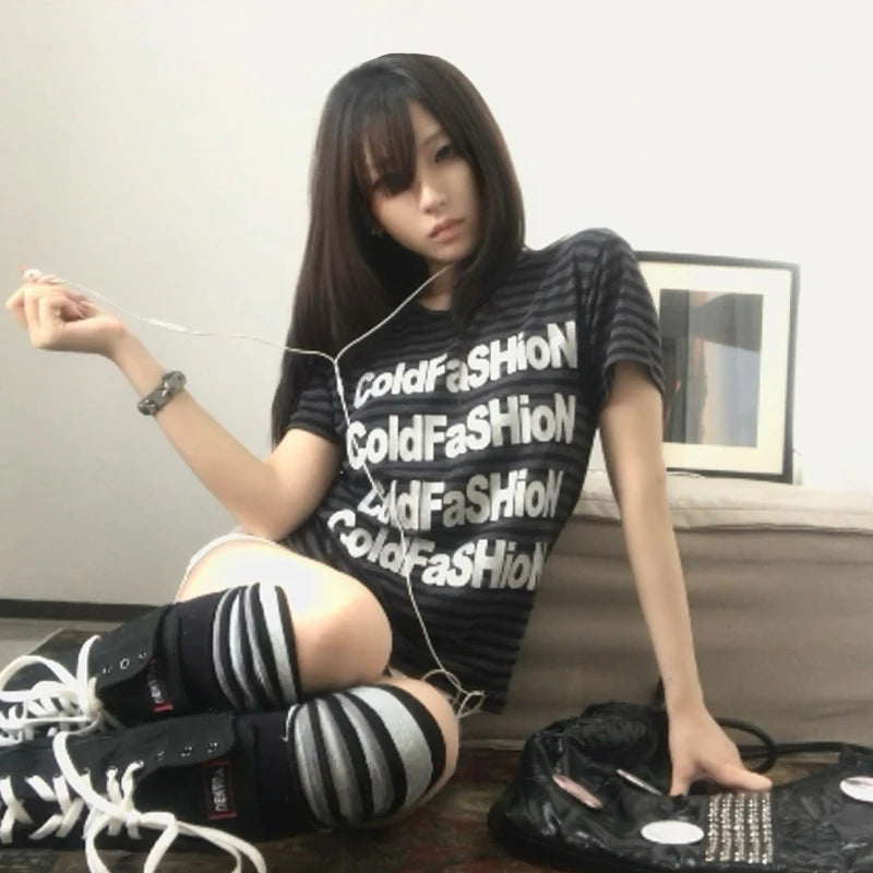 Chic Dollette Short Sleeve Gray and Black Striped Top