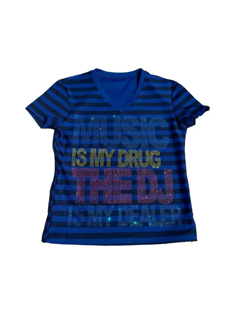Chic Dollette Stripe Vintage Punk T-shirt Women Streetwear Grunge Letter Rhinestone Tshirts 2026 Summer Streetwear Casual Tees