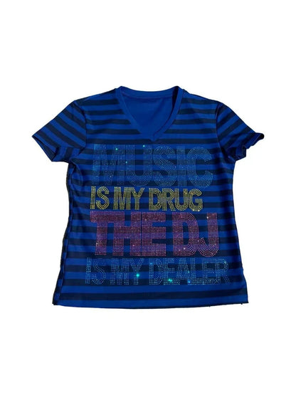 Chic Dollette Stripe Vintage Punk T-shirt Women Streetwear Grunge Letter Rhinestone Tshirts 2026 Summer Streetwear Casual Tees