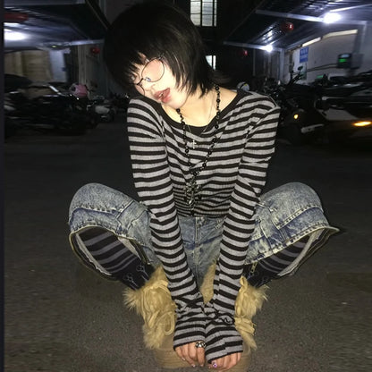 Chic Dollette T-shirt japonais à manches longues, débardeur court rayé à épaules dénudées, style grunge années 2000, streetwear