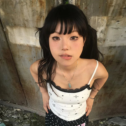 Chic Dollette Vintage Tanktop Ärmelloses Skinny Print Crop Top Streetwear Sommer 2000er Japanisches Neckholder Top Grunge E-Girls