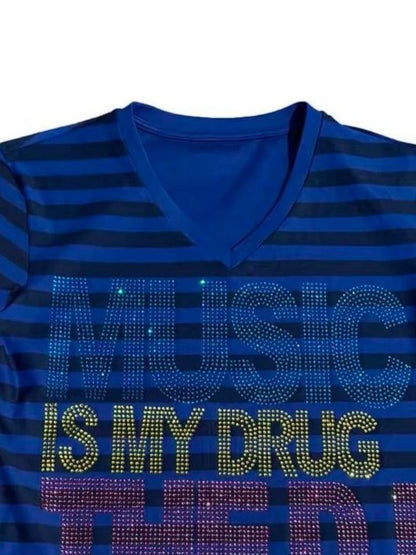 Chic Dollette Stripe Vintage Punk T-shirt Women Streetwear Grunge Letter Rhinestone Tshirts 2026 Summer Streetwear Casual Tees