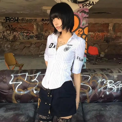 Chic Dollette Japanisches gestreiftes Hemd Dreiviertel-Print-Graphic-Top 2000er Top Japanisches Sommer Cropped Top Grunge