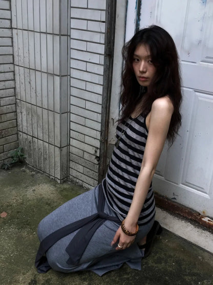 Chic Dollette American Retro Tanktop Gestreifte ärmellose T-Shirts Japanisches Neckholder-Top Rückenfreies Streetwear Grunge Top