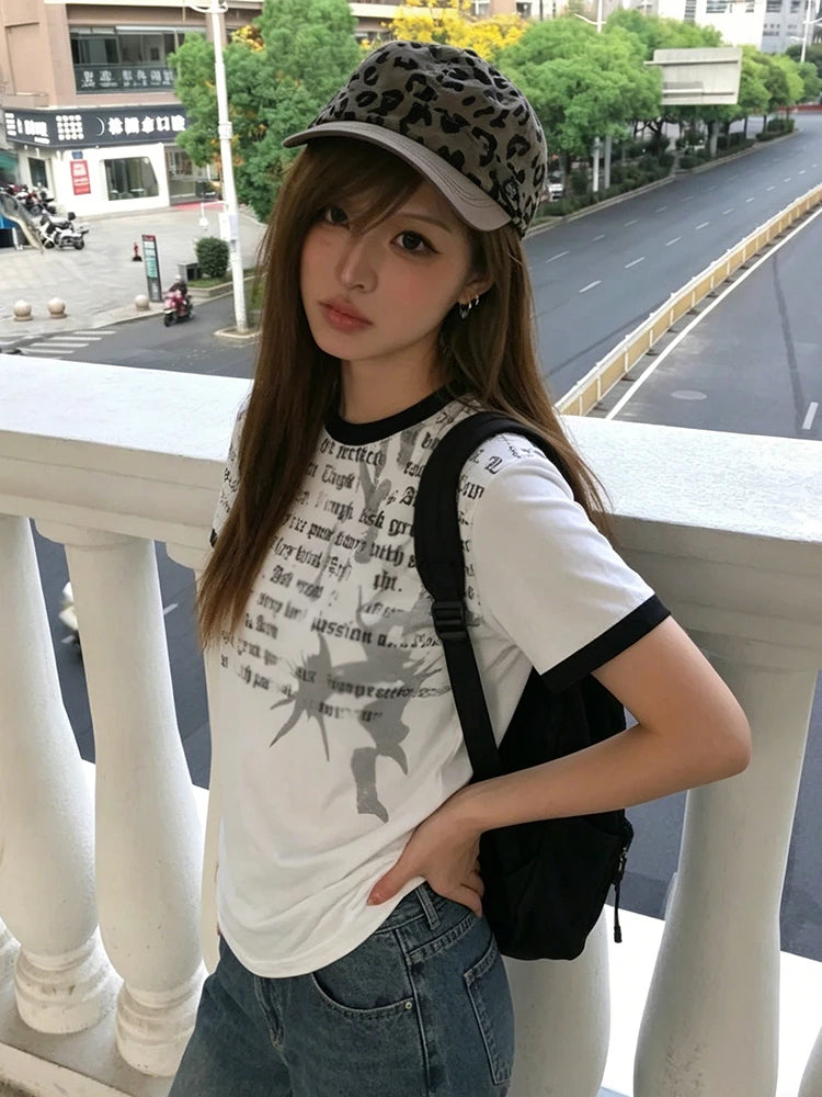 Chic Dollette American Retro  T-shirt Women Short Sleeve Print Graphic Tops Streetwear Y2k Aesthetic Vintage Tops Tee Japanese 2000s