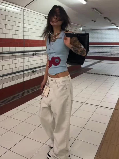 Haut court chic sans manches Harajuku avec fermeture éclair, style grunge, imprimé Dollette, tee-shirt rétro américain, pour l'été