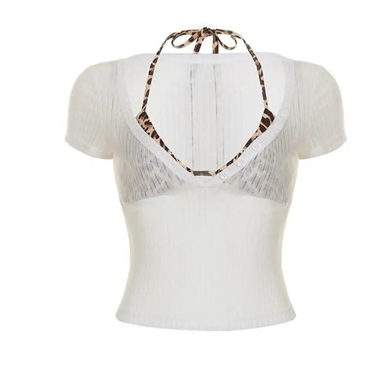 Chic Dollette Japonais Deux Pièces Top Manches Courtes T-shirt Transparent + Leopard Bar Streetwear Sexy Tee Top Années 2000