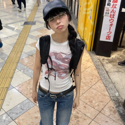 Chic Dollette 2000er T-Shirt Kurzarm Slim Print Graphic Top Vintage Grunge Top Streetwear American Retro