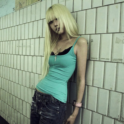 Chic Dollette Japanese Y2k Fake Two-piece Tank Top Trashy 2000s Lace Patchwork Camis Tops Vintage Harajuku Sleeveless Top American 90s