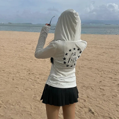 Chic Dollette  American Retro T-shirt Hooded Print Graphic Top  Vintage Top Streetwear Japanese 2000s Grunge Top E-girls