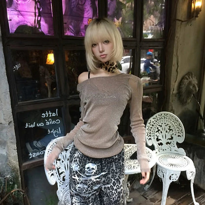 Schickes Dollette Grunge Mesh Top Japanisch 2000er Langarm-T-Shirt Durchsichtig Vintage-Print Grafik-Top Streetwear