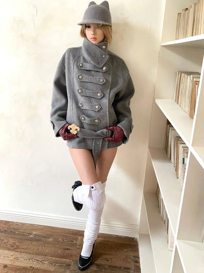 Chic Dollette Imitation Woolen Blend Coat Women's Double Breasted Retro Court Style Jacket Stand Collar Double Buttoned Winter Outerwear Warm