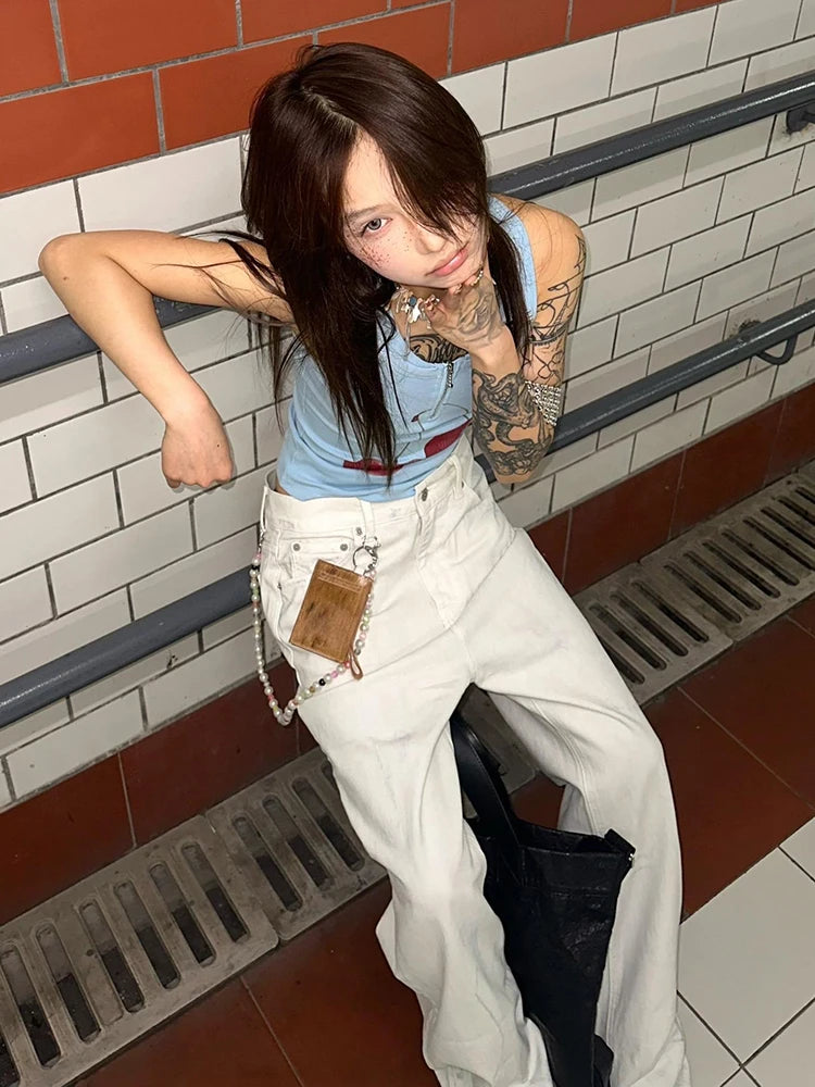 Haut court chic sans manches Harajuku avec fermeture éclair, style grunge, imprimé Dollette, tee-shirt rétro américain, pour l'été