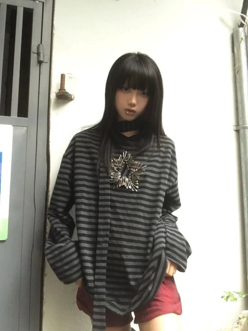 Chic Dollette Gothic Vintage Print Top Langarm Gestreiftes T-Shirt Japanisches Star Tee Top 2000er Grunge T-Shirts