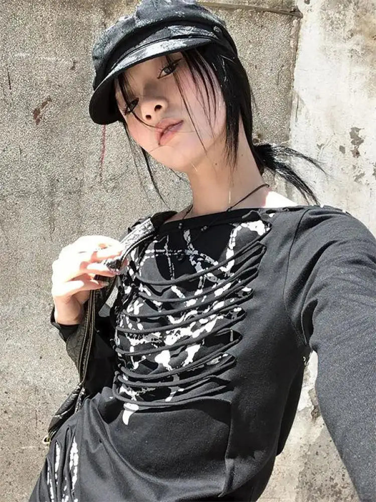 Schickes Dollette Amerikanisches Retro Grafik-T-Shirt Streetwear Grunge T-Shirts 2000er Kleidung Punk-Stil Langarm Eng Anliegendes Schickes Oberteil