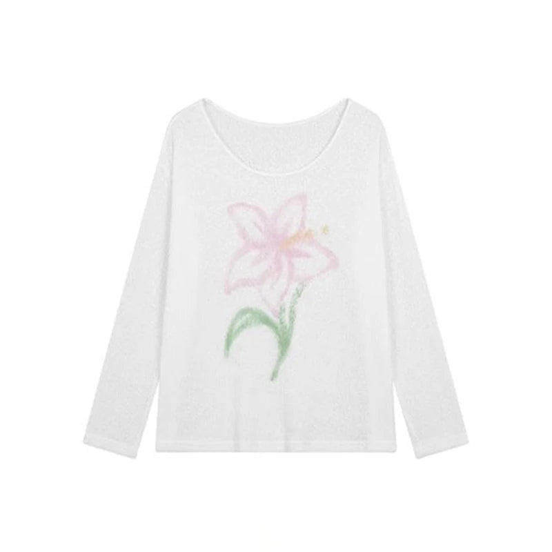 Chic Dollette Japanischer Pullover Langarm Strick T-Shirt E-Girls Print Blumen T-Shirt Top 2000er Vintage Grunge Top