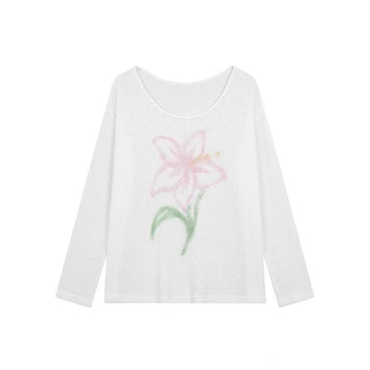 Chic Dollette Japanischer Pullover Langarm Strick T-Shirt E-Girls Print Blumen T-Shirt Top 2000er Vintage Grunge Top
