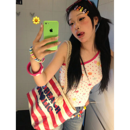 Chic Dollette Japanisches Tank Top Patchwork Ärmellos Bedrucktes Oberteil Blumenmuster Oberteil Schulterfreies Cami Top Unregelmäßige Sommer-T-Shirts