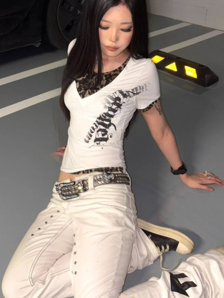 Chic Dollette 2000s Subculture Print T Shirts American Vintage Slim Leopard Patchwork Tees Y2k Harajuku Hot Girl Streetwear Short Sleeve Tops