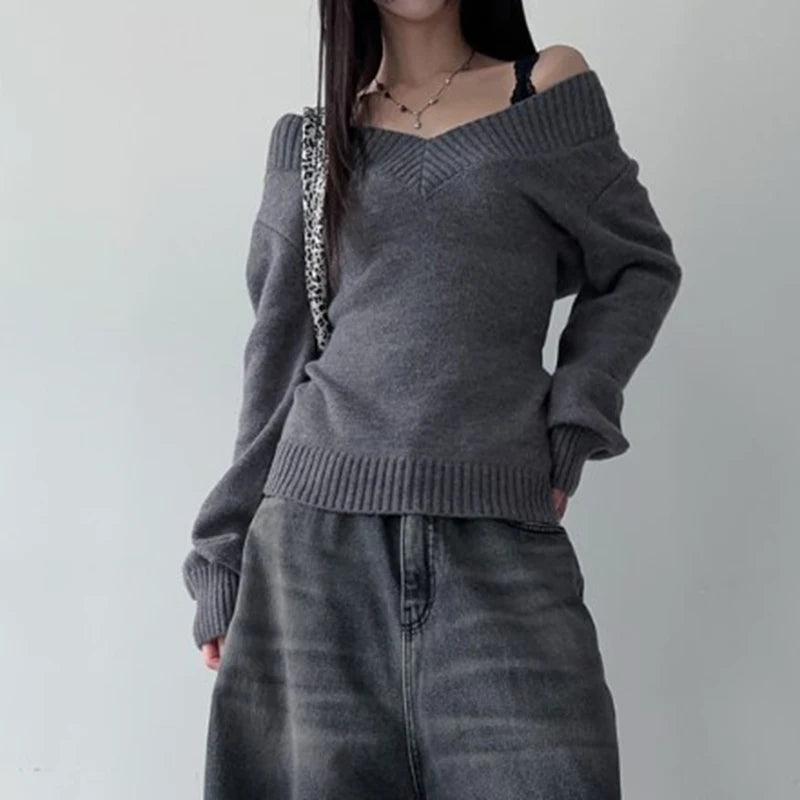 Schicker Dollette V-Ausschnitt Grauer Strickpullover für Koreanische Mode Herbst Winter Strickwaren Pullover Damen Jumper Chic