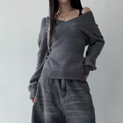 Schicker Dollette V-Ausschnitt Grauer Strickpullover für Koreanische Mode Herbst Winter Strickwaren Pullover Damen Jumper Chic