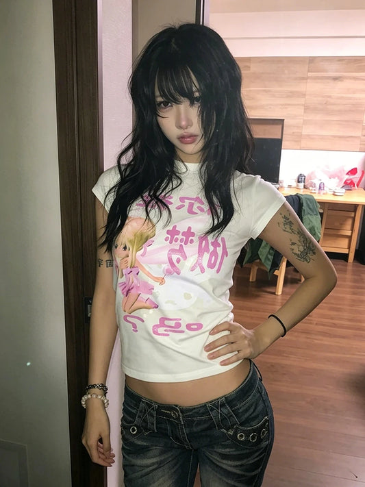 Chic Dollette Y2k Japanese Print Graphic Tops Women Short Sleeve Cotton Tshirts Aesthetic 2000s Funny Casual Vintage Tops Korean