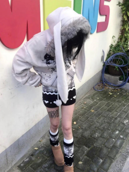 Chic Dollette Rabbit's Ears Cute Hoodies Women Y2k Aesthetic Loose Printing Vintage Coats Streetwear Zipper Grunge Sweatshirts
